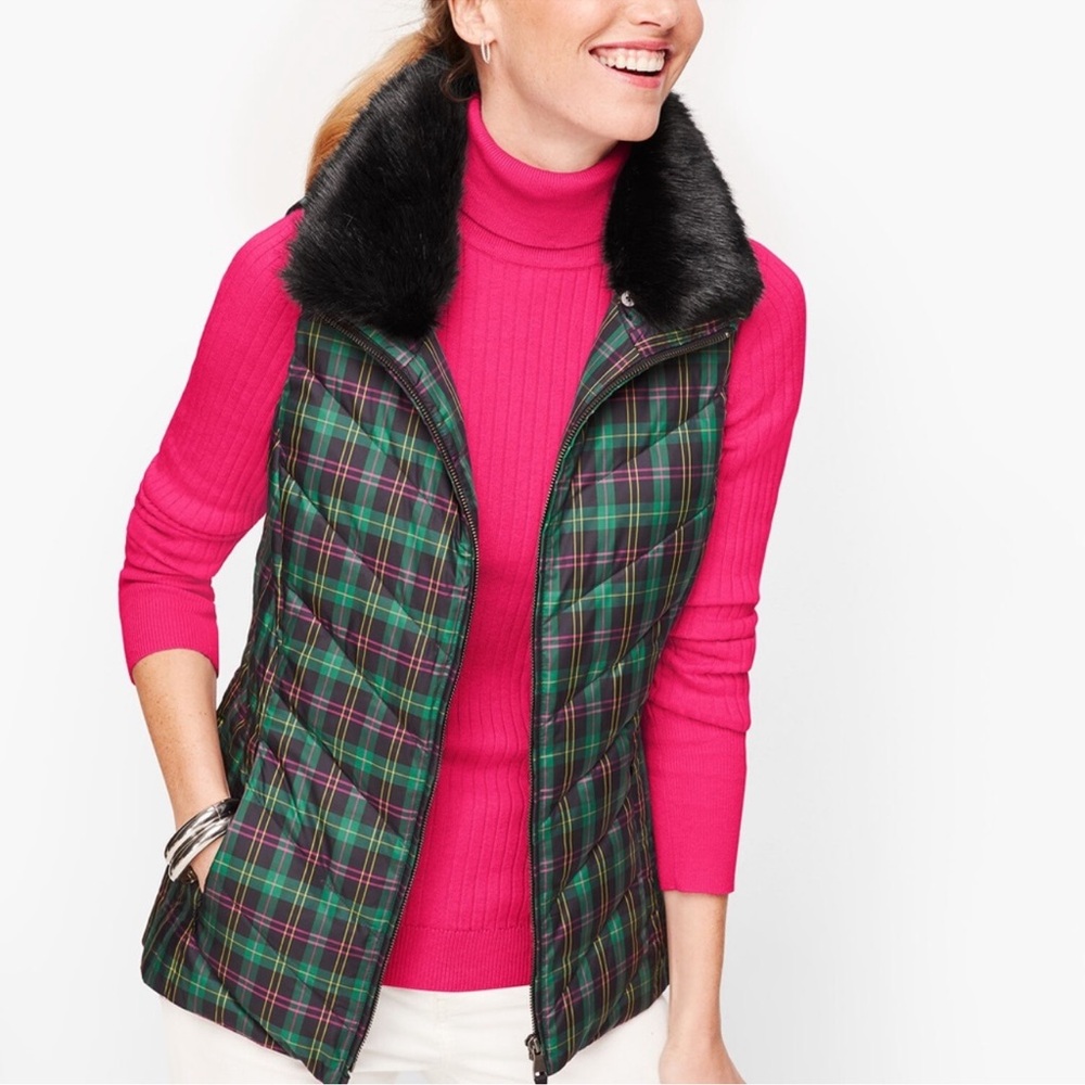 TALBOTS DOWN FAUX FUR COLLAR TARTAN PUFFER VEST